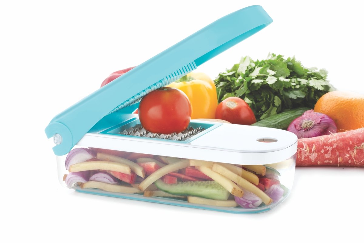 Blue Wukusy 8108 Ganesh 7-in-1 plastic vegetable dicer kitchen tool with multiple blade attachments for easy vegetable chopping.