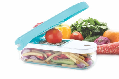 Blue Wukusy 8108 Ganesh 7-in-1 plastic vegetable dicer kitchen tool with multiple blade attachments for easy vegetable chopping.