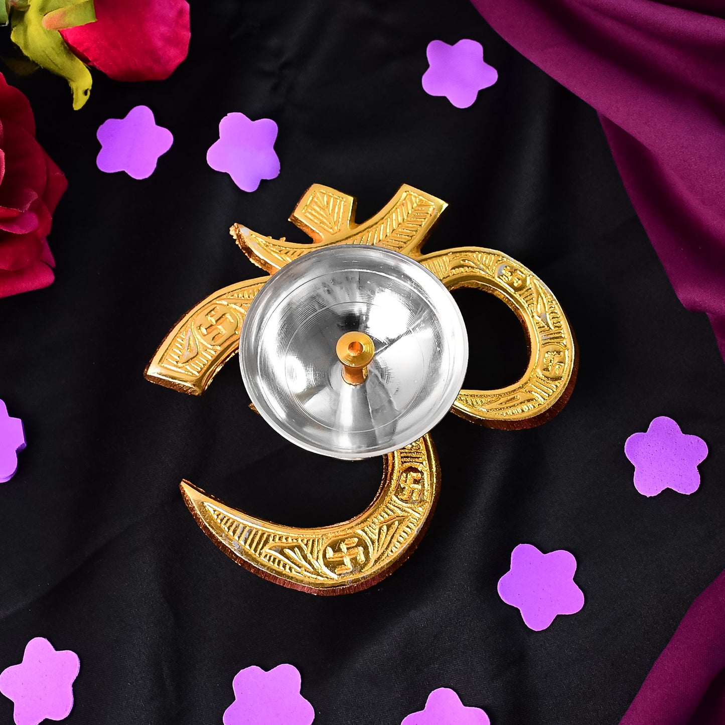 Brass Om Symbol oil diya for home decor, featuring intricate design and traditional spiritual symbol, ideal for ambient lighting.