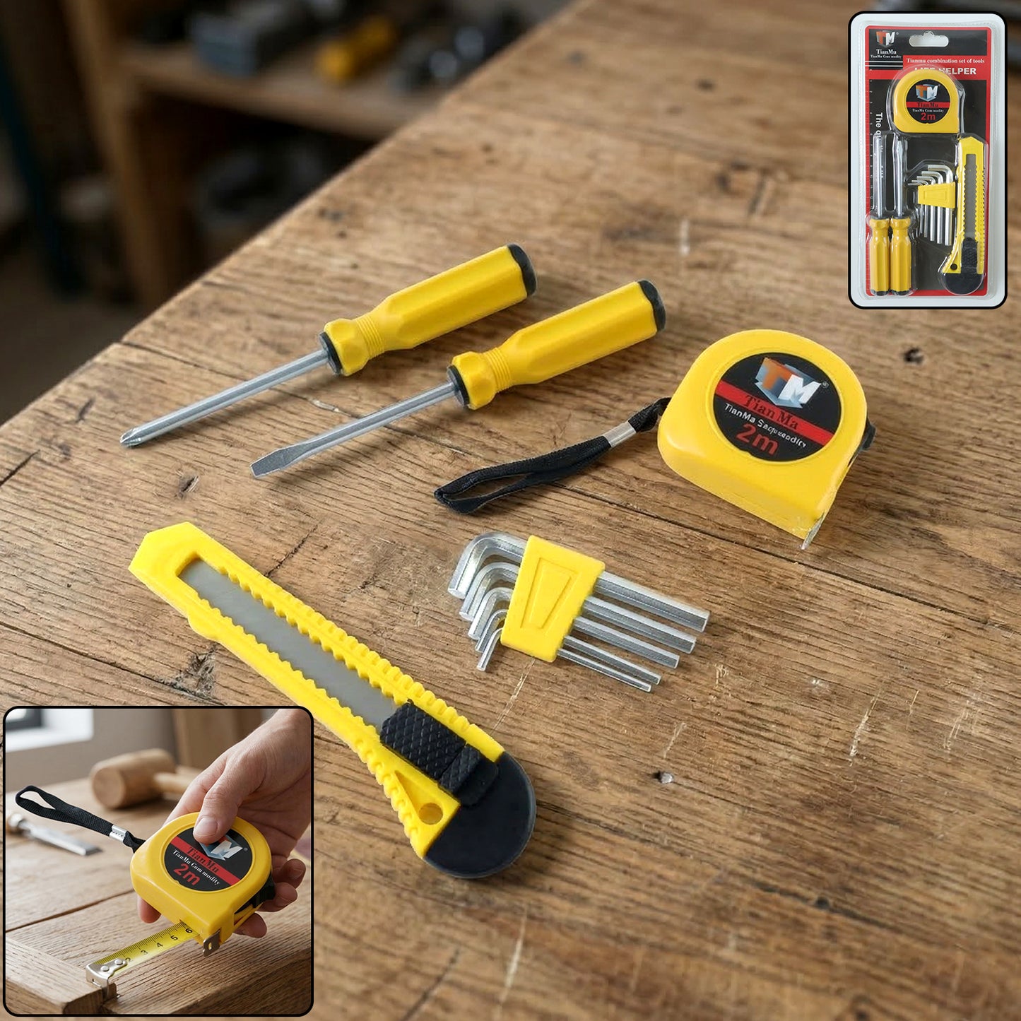 Wukusy Compact Tianmu 9-piece combination tool set with screwdrivers, pliers, and wrenches on a white background