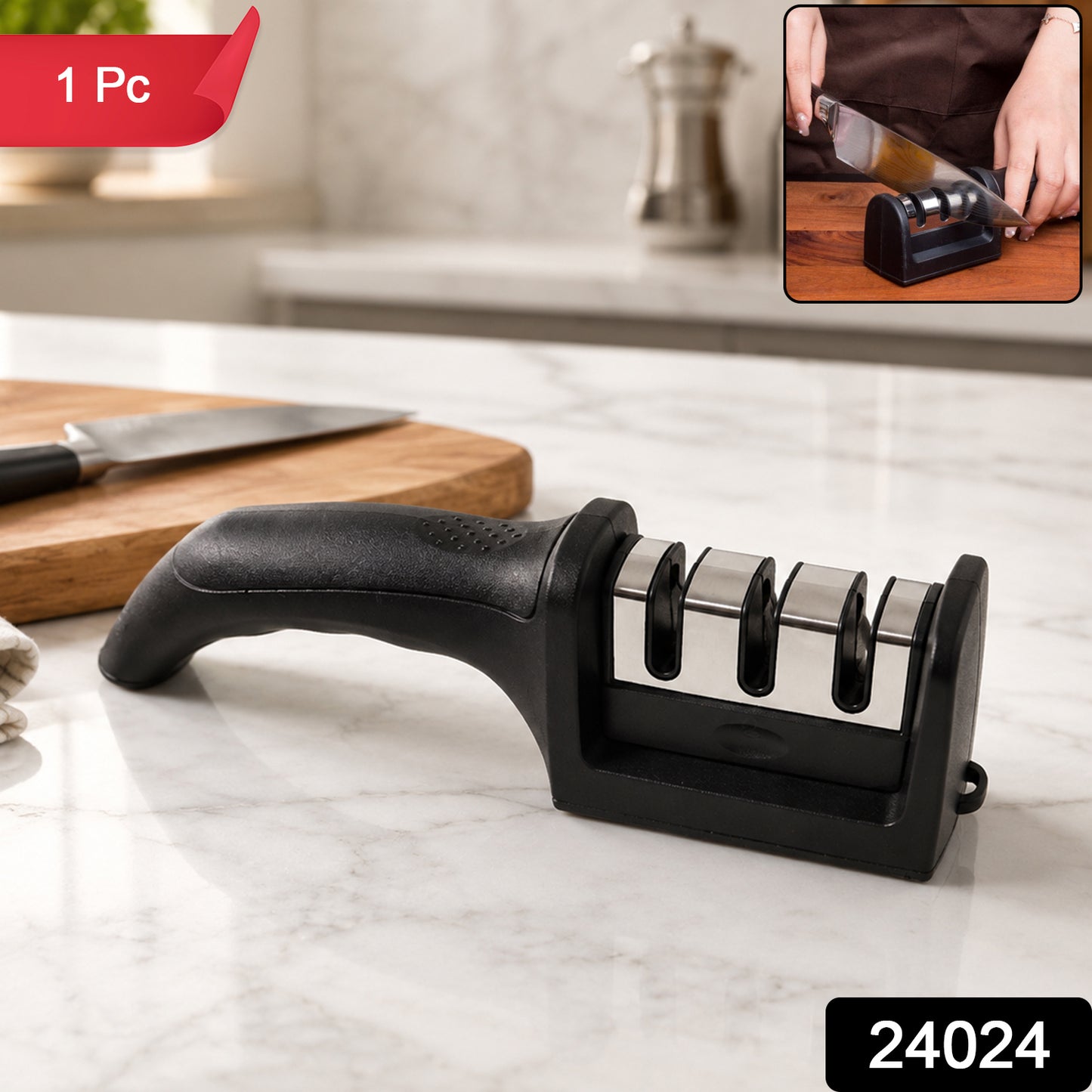 Wukusy 3-stage manual knife sharpener for steel and ceramic knives, featuring multiple sharpening slots and ergonomic design.