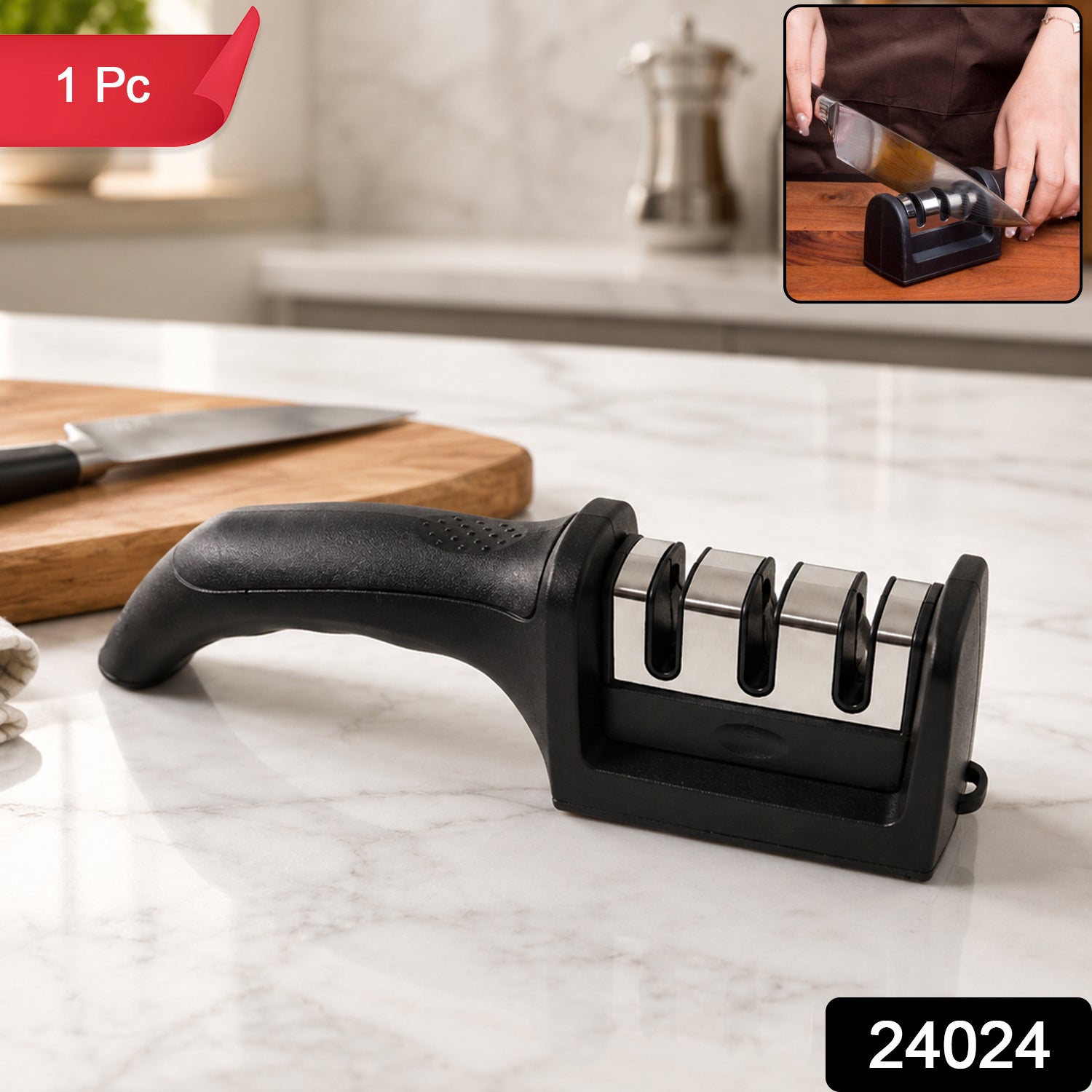 Wukusy 3-stage manual knife sharpener for steel and ceramic knives, featuring multiple sharpening slots and ergonomic design.