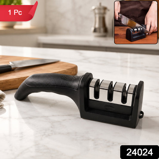 Wukusy 3-stage manual knife sharpener for steel and ceramic knives, featuring multiple sharpening slots and ergonomic design.