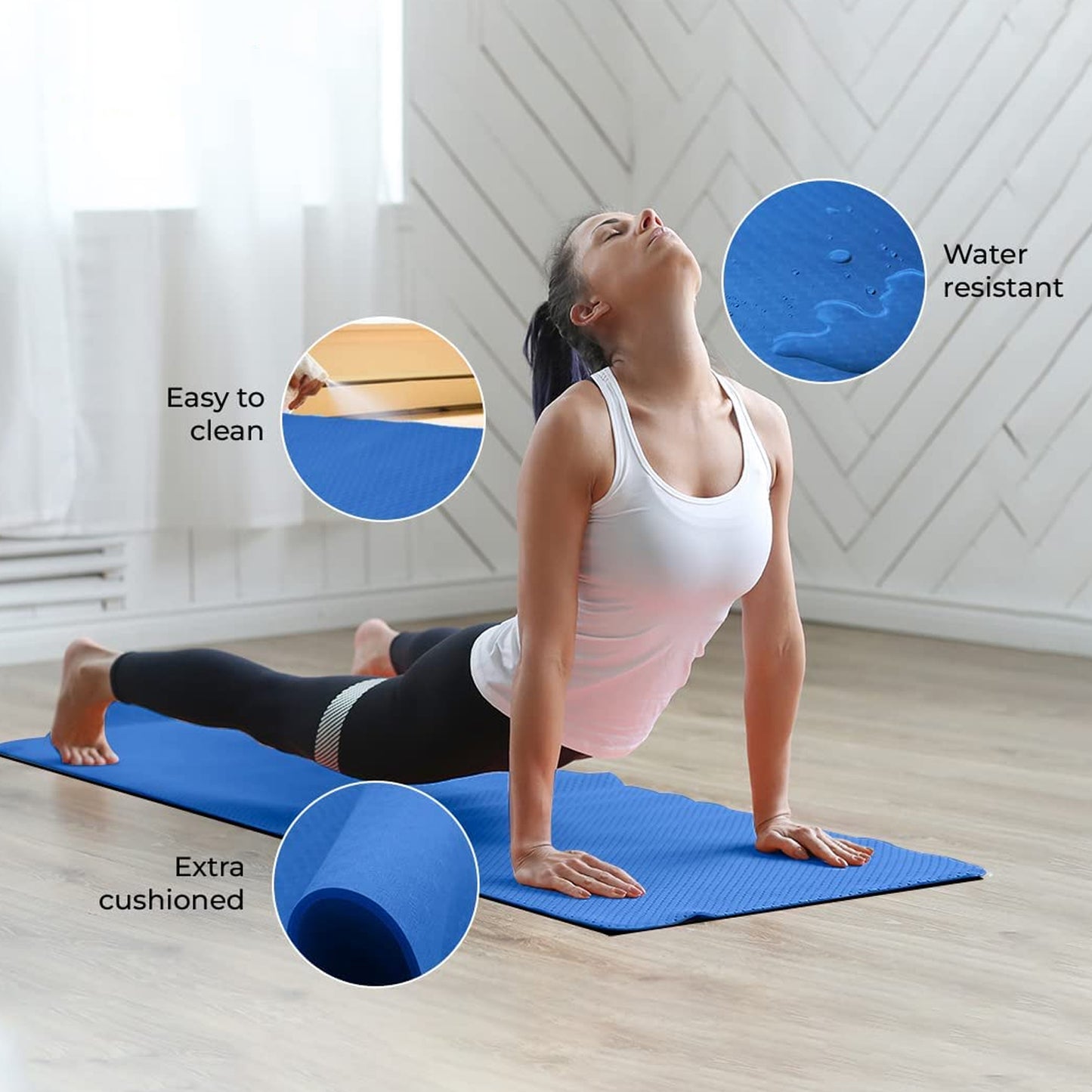 Wukusy premium non-slip yoga mat laid out on a wooden floor, ideal for home or gym yoga practice.