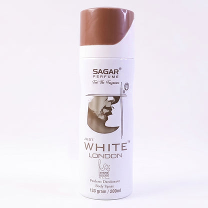 Wukusy Sagar Just White London perfume body spray deodorant for men, 200ml bottle with sleek white packaging.