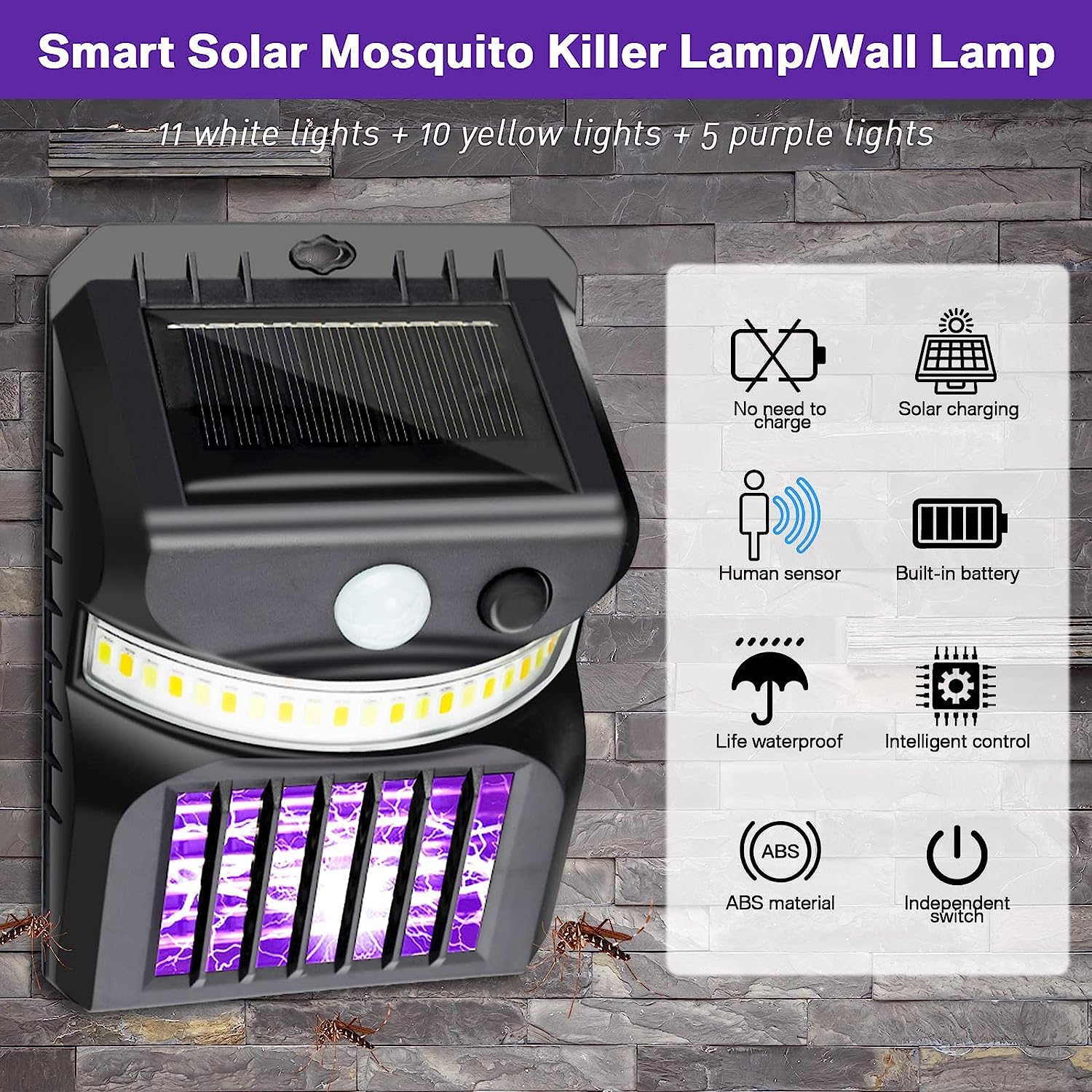 Wukusy outdoor solar bug zapper lamp with 2-in-1 mosquito trap and light for home insect control, shown in a garden setting