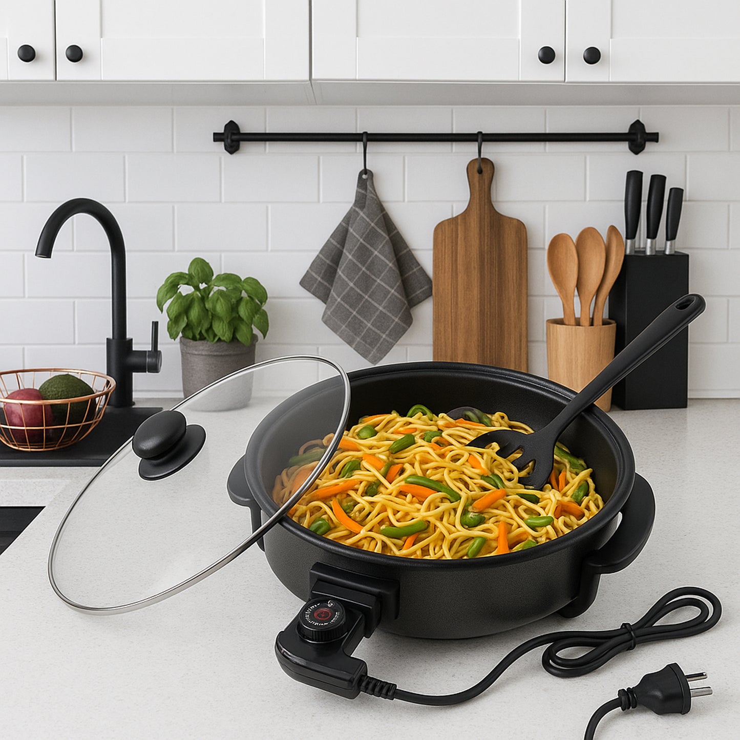 Wukusy Orbit Electric Multi-purpose Cooker 1500W with stainless steel exterior and digital control panel for versatile cooking.