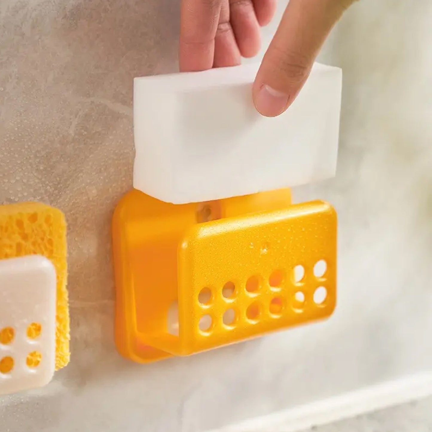 Wukusy 4112 self-adhesive sponge holder for shower and kitchen, no-drill soap and sponge organizer with bathroom and sink use
