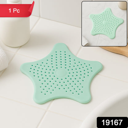 Mint green silicone star-shaped sink filter by Wukusy, designed for bathroom drains to catch hair and debris.