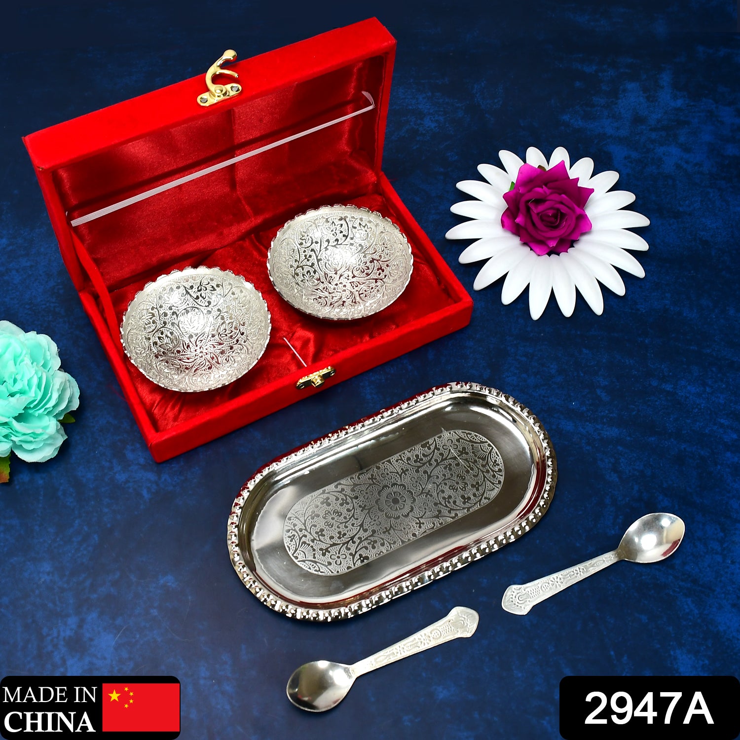 Silver plated 2 bowl 2 spoon tray set with brass and red velvet gift box, ideal for serving dry fruits and desserts.