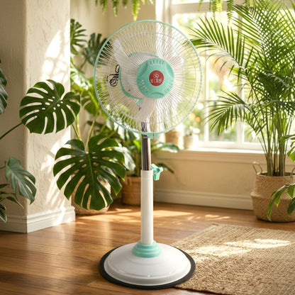 Wukusy 12V DC hybrid pedestal table fan with plug, IEC C13 power cable, showing adjustable fan blades and control panel.