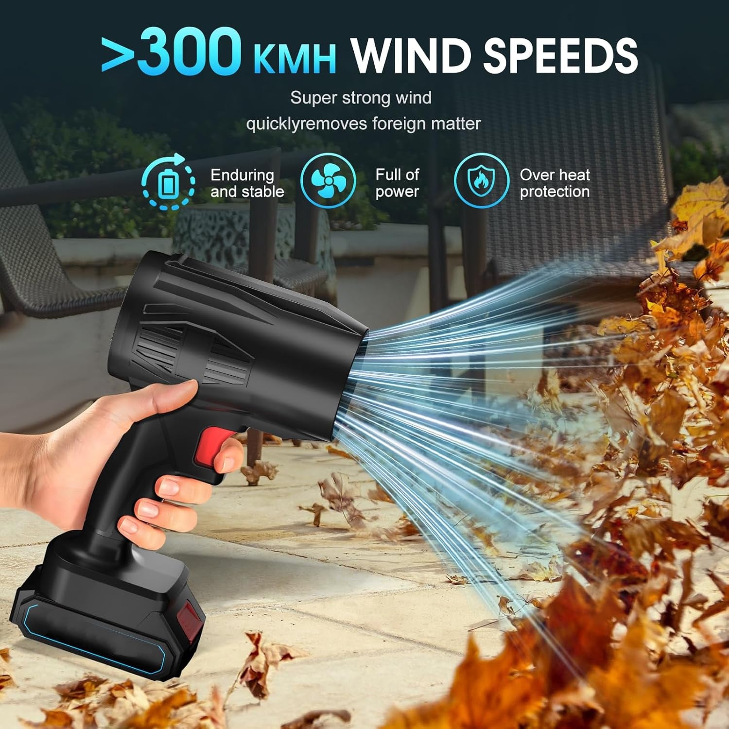 Wukusy high-power cordless leaf blower with rechargeable battery, showing the handheld fan and battery pack in use.