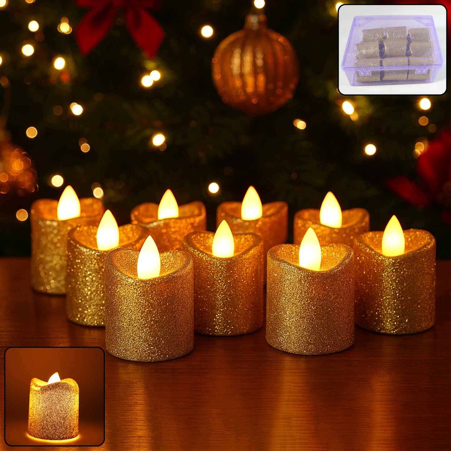 Set of nine Wukusy Christmas Premium Glitter LED Tealight Candles for festive home decor with shimmering glitter finish.