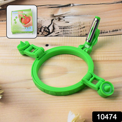 Wukusy adjustable apple peeler cutter with holder ring, showing the kitchen tool with its handle and peeling blade in use.