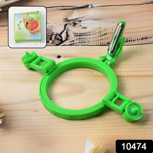 Wukusy adjustable apple peeler cutter with holder ring, showing the kitchen tool with its handle and peeling blade in use.