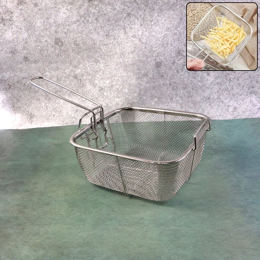 Stainless steel deep fryer basket with long handle by Wukusy, designed for safe and easy frying in commercial or home kitchens.