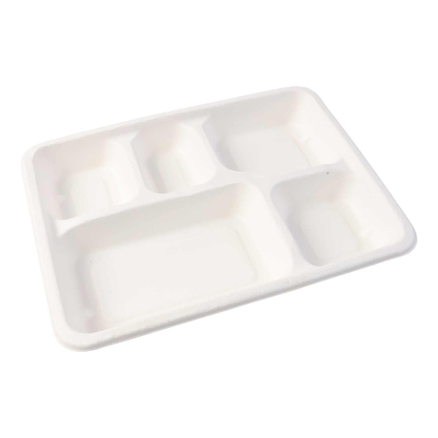 Set of 10 compostable Wukusy 5-compartment rectangle plate made from bagasse for lunch, featuring separate sections for food.