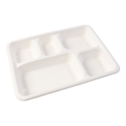 Set of 10 compostable Wukusy 5-compartment rectangle plate made from bagasse for lunch, featuring separate sections for food.