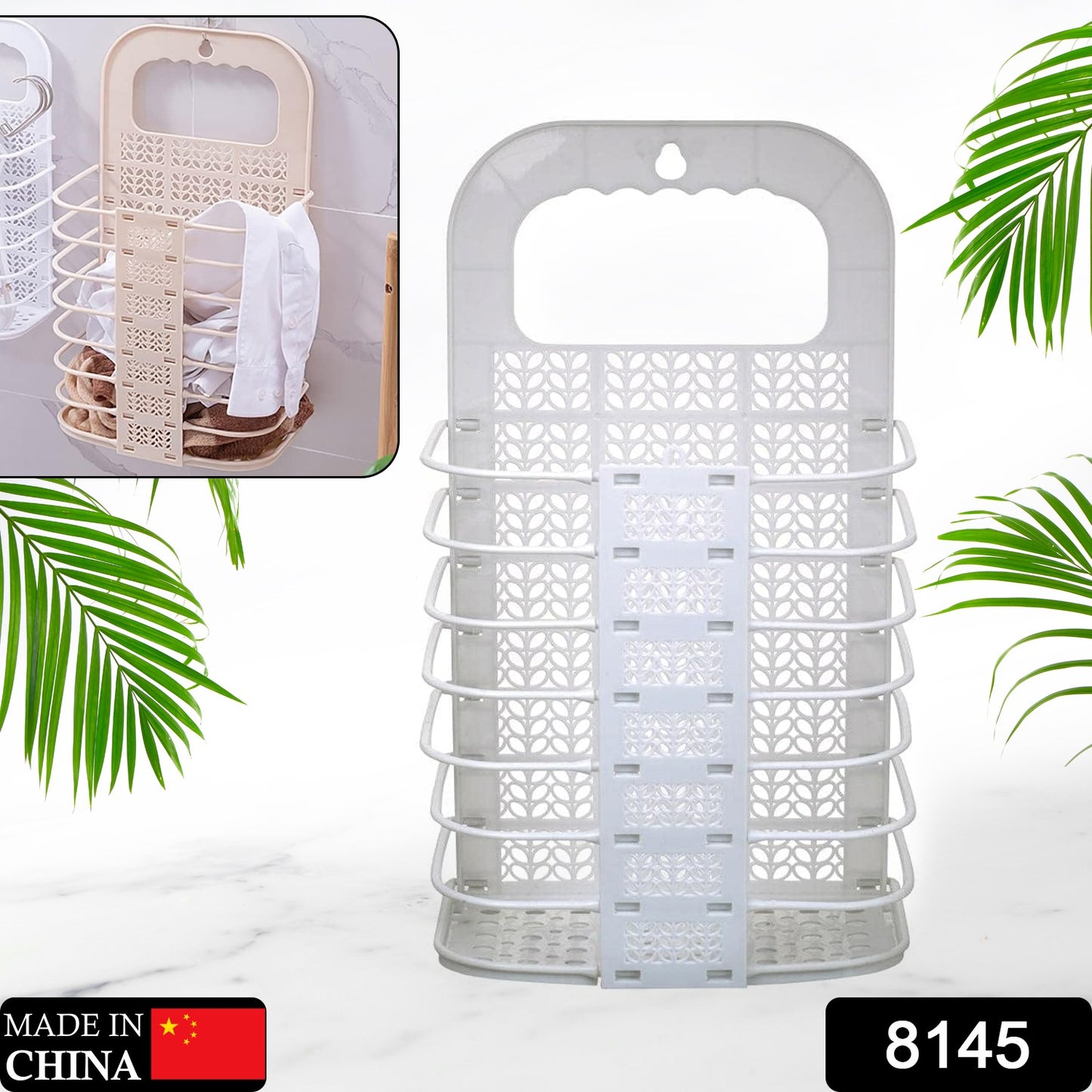Wukusy wall hanging laundry basket with clothes hanger and hooks for bathroom, laundry room, and kids' dirty clothes storage.