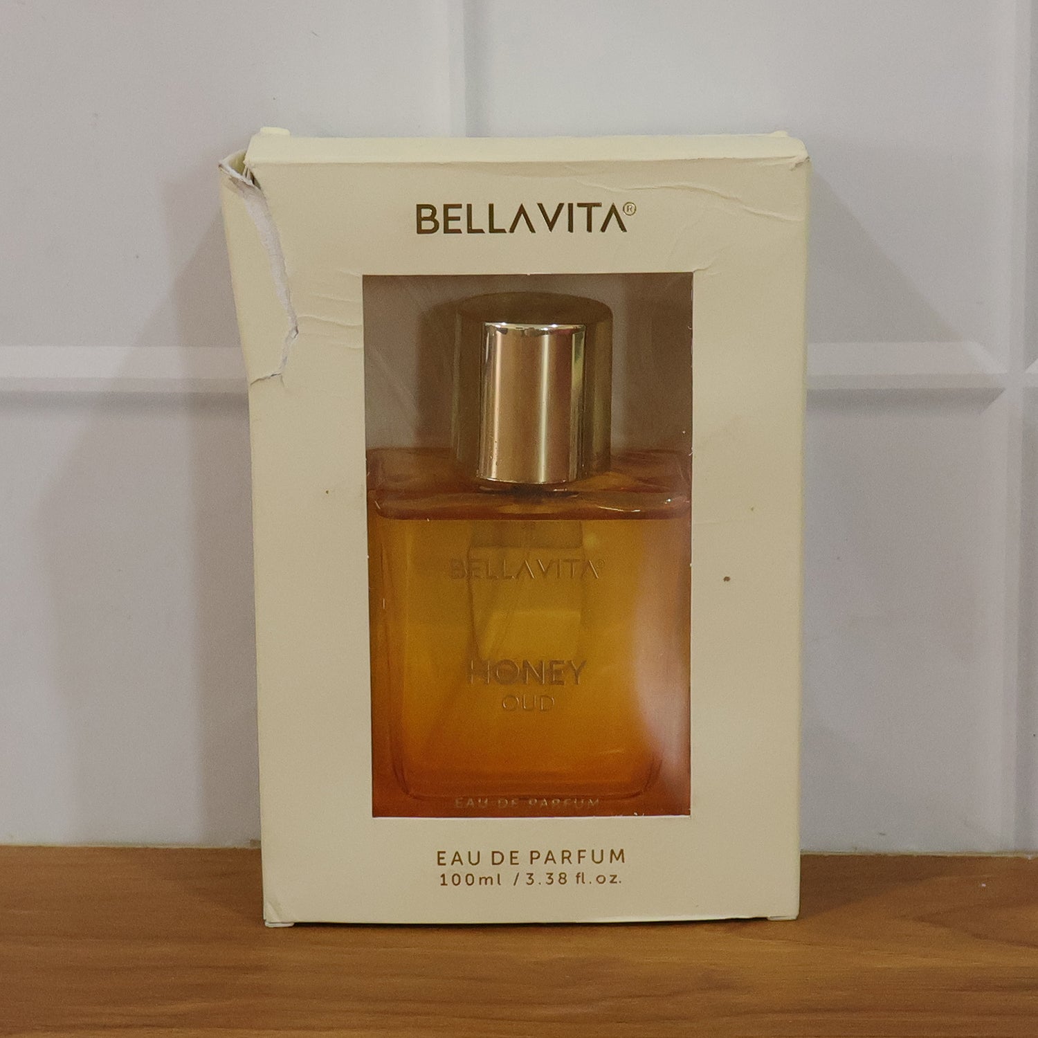 Bellavita Premium Honey Oud perfume by Wukusy, 100ml bottle with elegant packaging and a rich, floral scent.