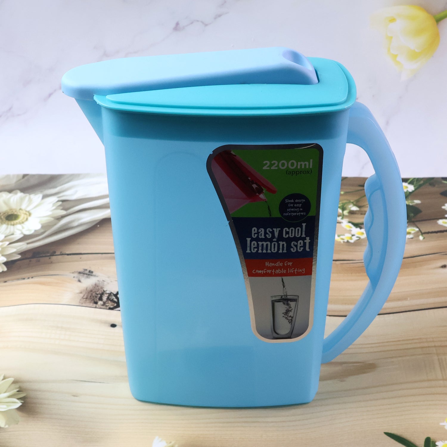 Wukusy Easy Cool Lemon water jug with lid and handle, 2200ml, clear plastic container for refreshing drinks and serving.