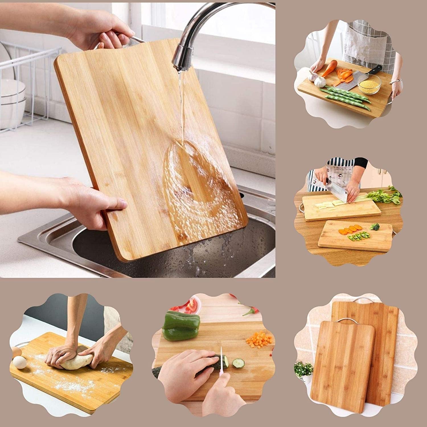 Wukusy thick wooden bamboo kitchen chopping board with holder, ideal for fruits, vegetables, and meat preparation.