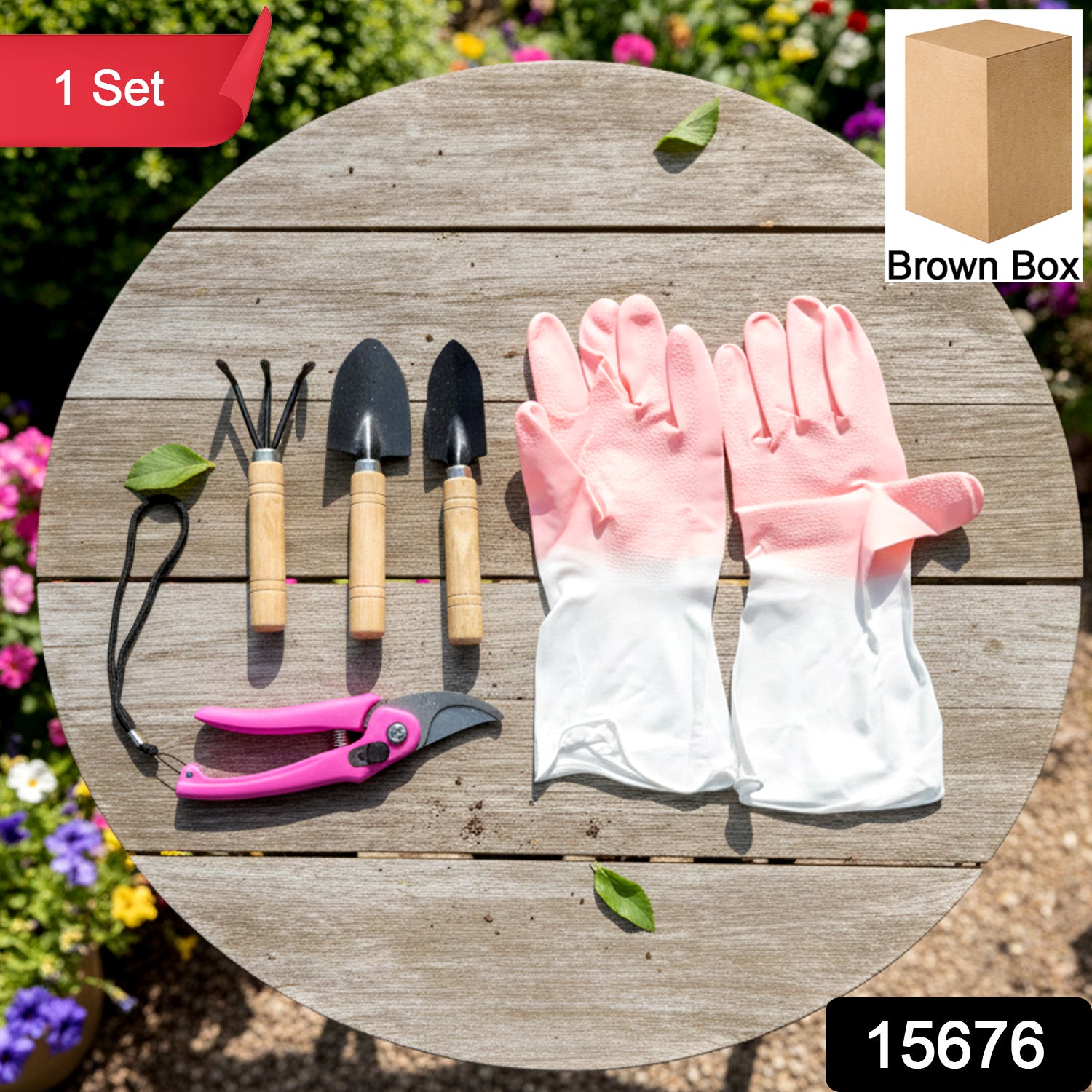 Wukusy complete gardening tool kit with trowel, pruners, cultivator, and gloves laid out on a wooden surface.