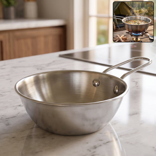 Stainless steel small tadka pan with long handle for tempering, 11 cm diameter, by Wukusy, suitable for Indian cooking.