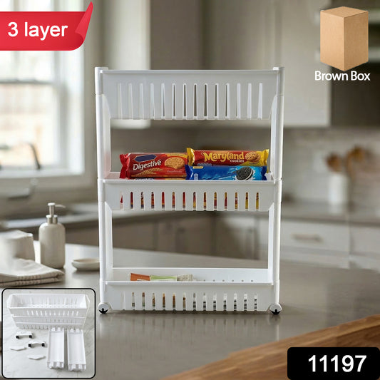 Wukusy Prexo multipurpose 3-layer kitchen storage rack organizer with stainless steel and plastic shelves for countertop use.