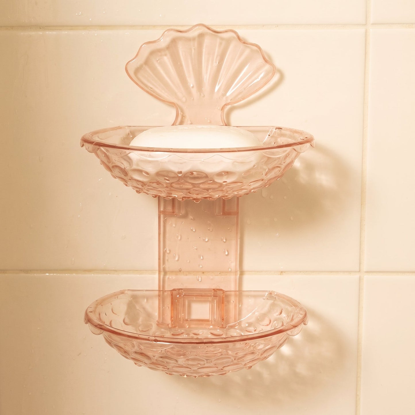 Wall-mounted Wukusy 2-in-1 double layer plastic soap dish holder with self-adhesive backing, designed for bathroom or kitchen use.
