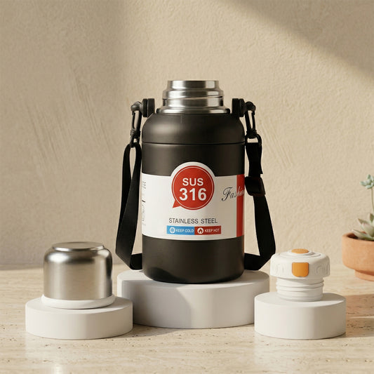 Wukusy 900ml stainless steel vacuum insulated bottle with handle, featuring a sleek design and durable construction for hot or cold drinks.