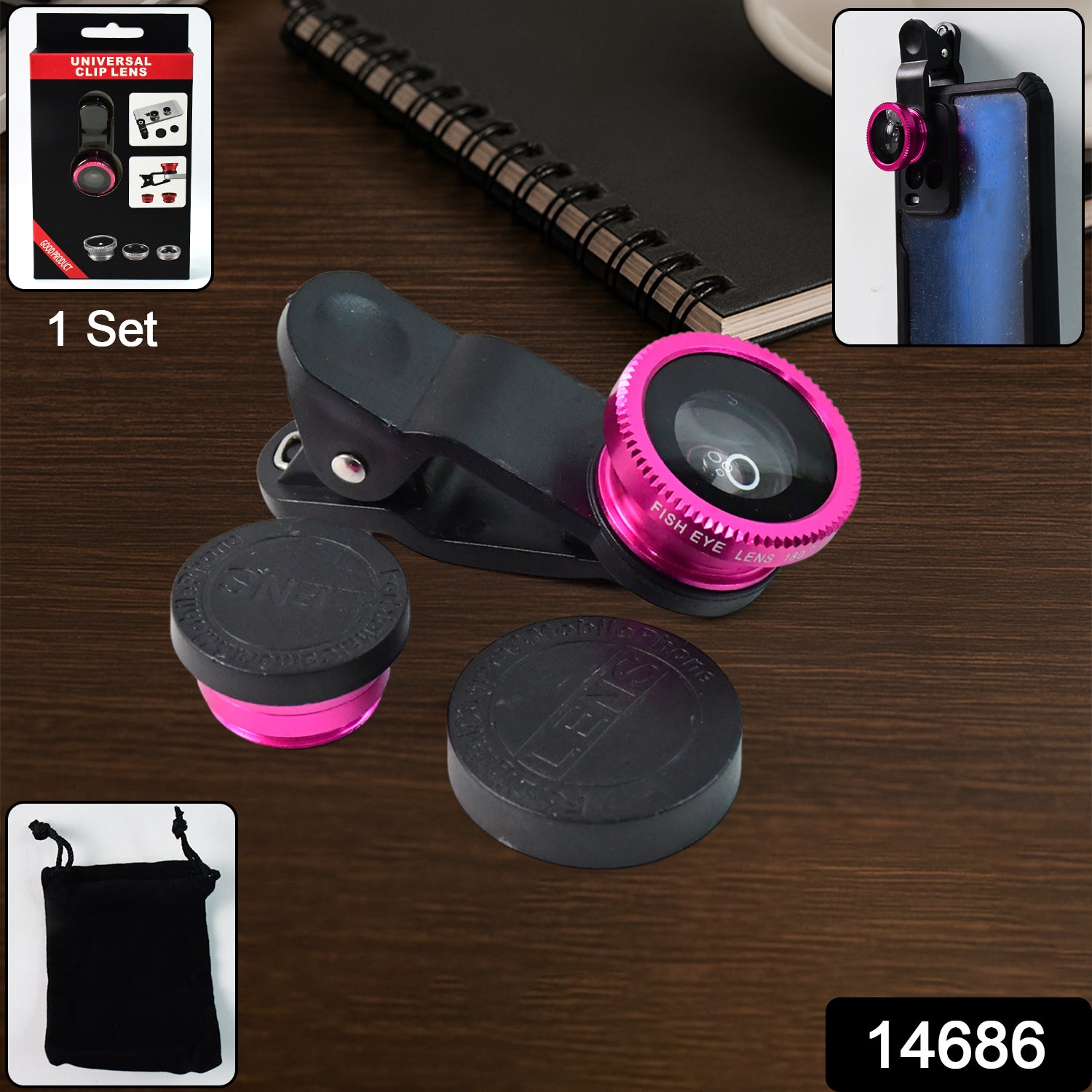 Wukusy universal clip-on mobile camera lens set attached to smartphone for enhanced photography and wide-angle shots.