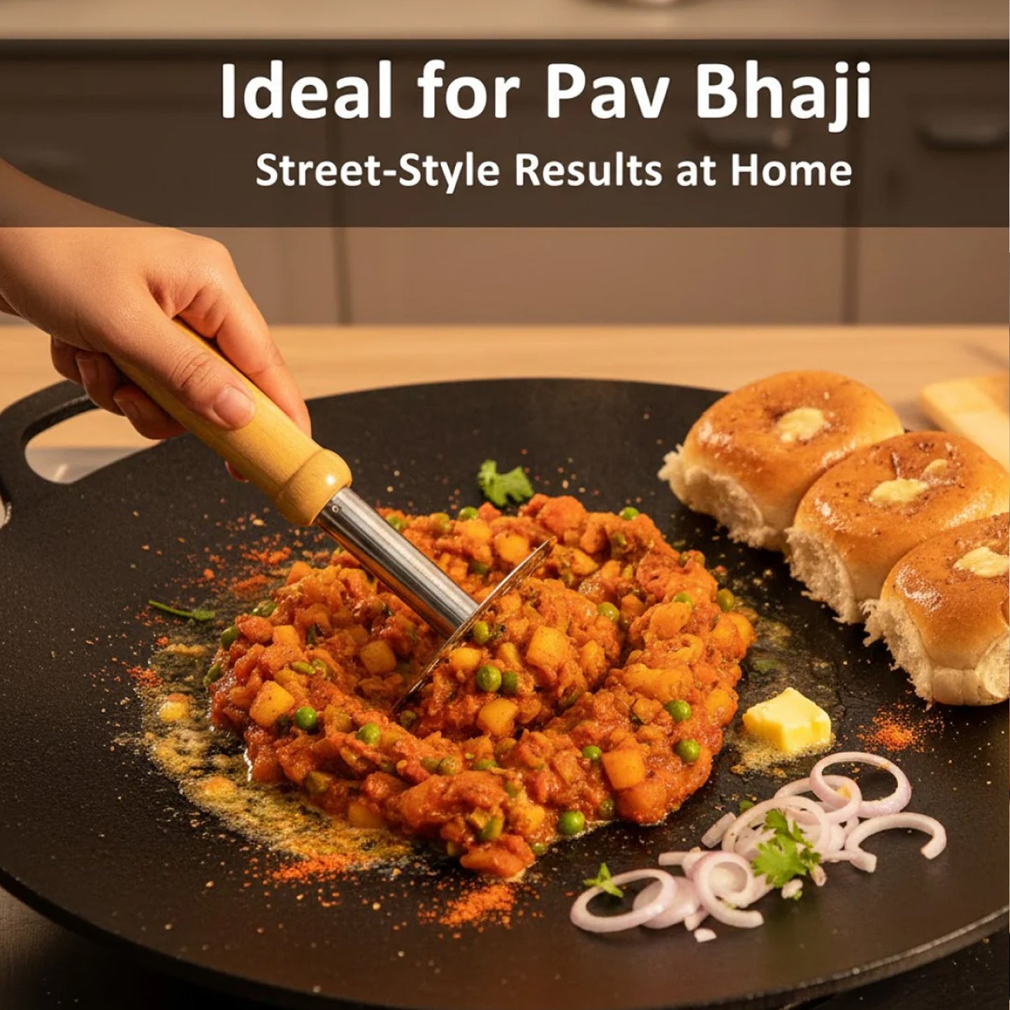 Wukusy manual stainless steel whisk and pav bhaji potato masher combo set, durable kitchen utensils for cooking and mashing.