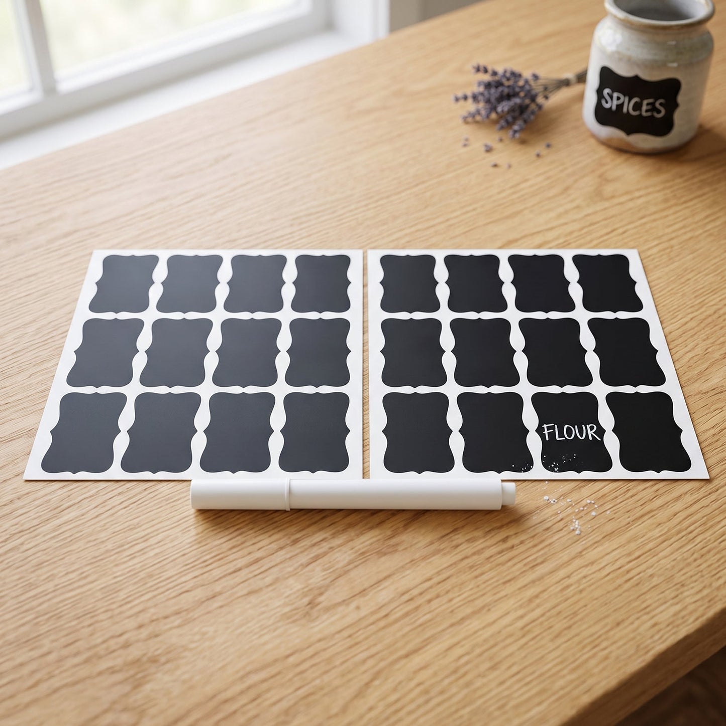 Set of Wukusy fancy shape chalkboard sticker labels with marker pen, featuring decorative jar labels on a white background.