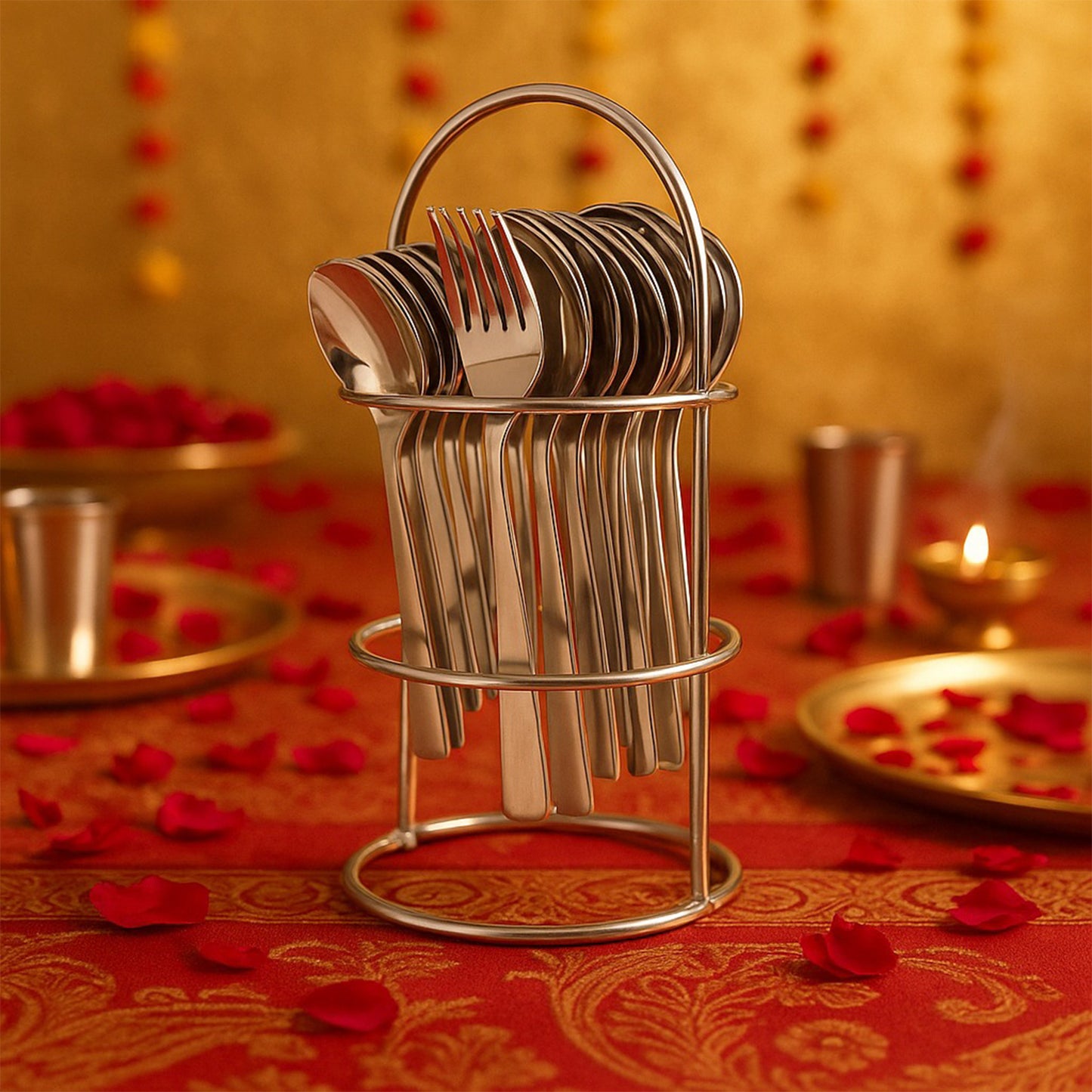 Wukusy Apex Premium stainless steel cutlery set with 16 pieces, including forks, knives, spoons, arranged on a kitchen table.