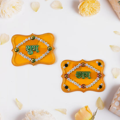 Pair of Wukusy Shubh Labh decorative wall hangings for home decor, featuring traditional Indian design elements.