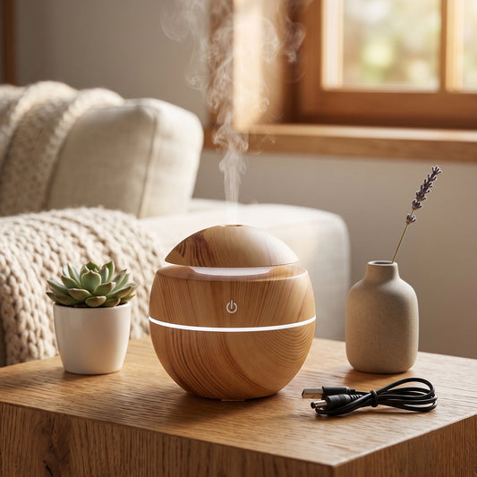 Wukusy ultrasonic aroma diffuser humidifier with 200ml capacity and LED light, suitable for home or office use.