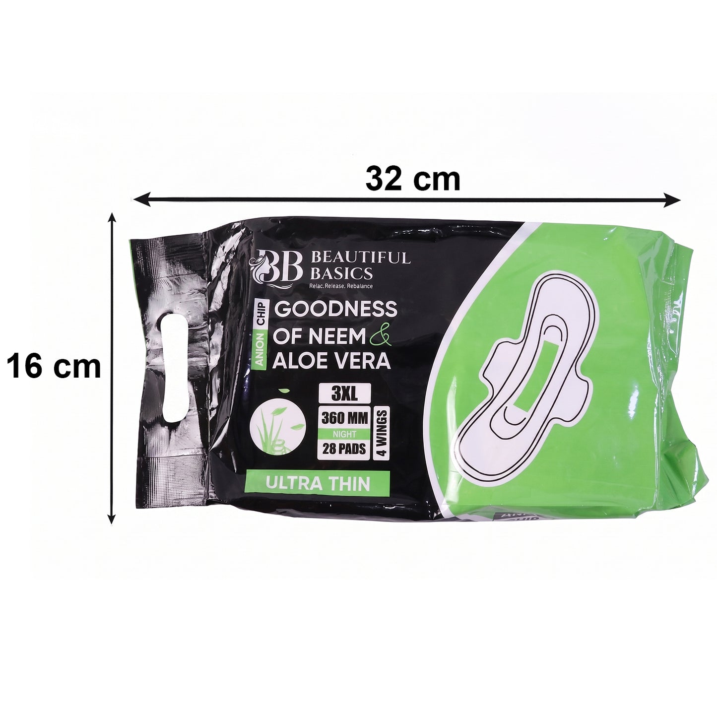 Wukusy Beautiful Basics Neem Aloe Vera sanitary pads 3XL night size, 360mm, with 28 pads, featuring aloe vera and neem for comfort