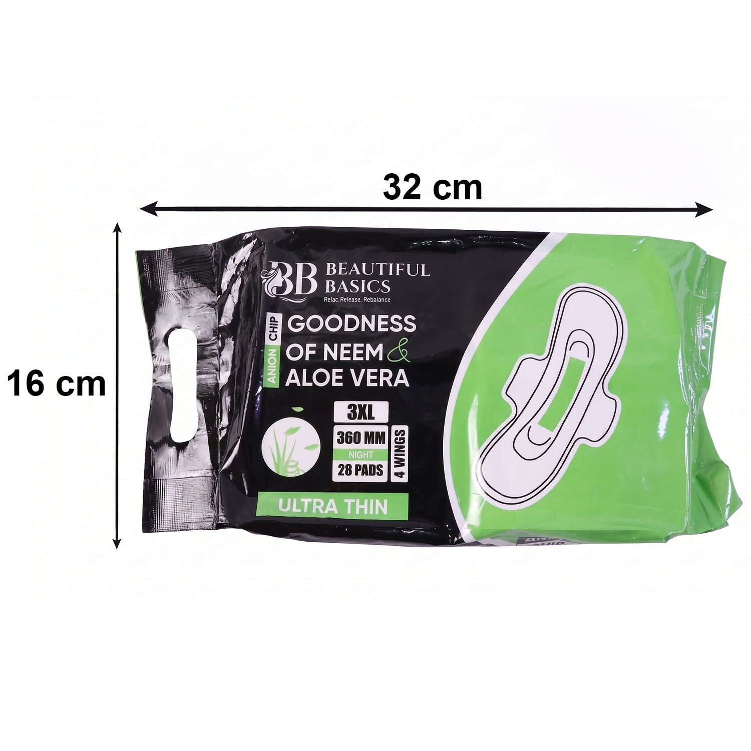Wukusy Beautiful Basics Neem Aloe Vera sanitary pads 3XL night size, 360mm, with 28 pads, featuring aloe vera and neem for comfort