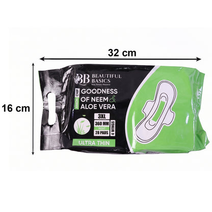 Wukusy Beautiful Basics Neem Aloe Vera sanitary pads 3XL night size, 360mm, with 28 pads, featuring aloe vera and neem for comfort
