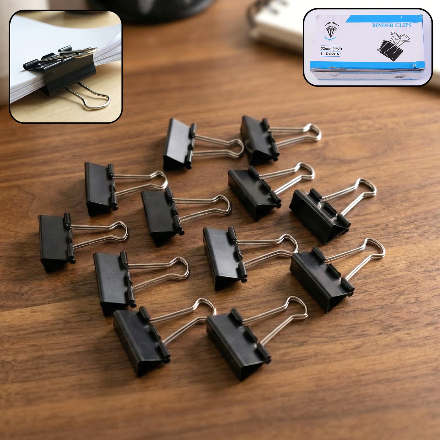 Set of 12 black heavy-duty binder clips, 32mm size, from Wukusy, ideal for secure paper organization and office use.