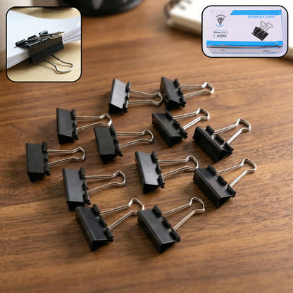 Set of 12 black heavy-duty binder clips, 32mm size, from Wukusy, ideal for secure paper organization and office use.