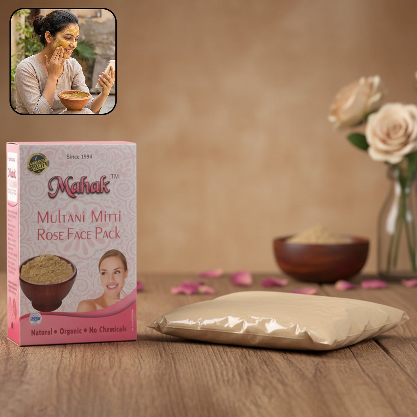 Wukusy Herbal Multani Mitti Rose Face Pack in 80g jar, natural clay and rose-based skincare product for glowing skin