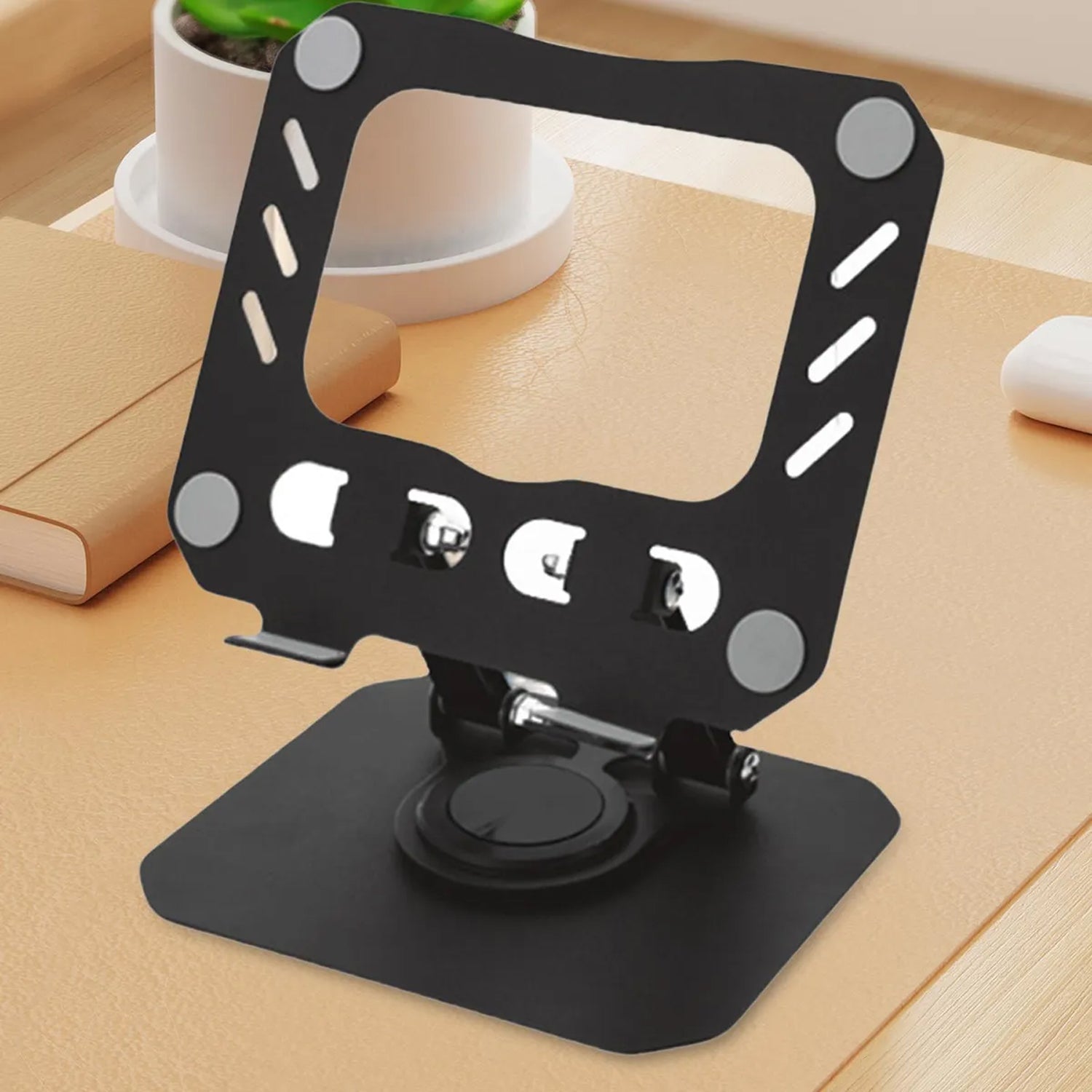 Wukusy foldable adjustable metal laptop stand with open design, portable and lightweight for ergonomic workspace setup.