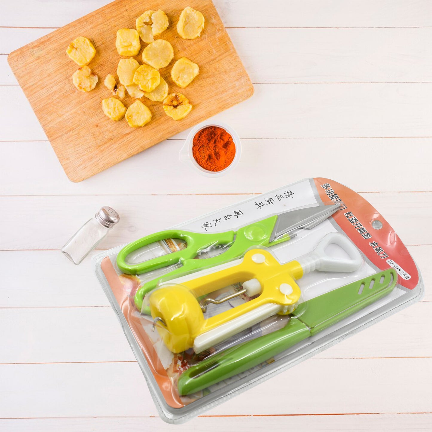 Wukusy 9142 multifunction kitchen tools set includes stainless steel knife, scissors, and plastic accessories for versatile cooking tasks.