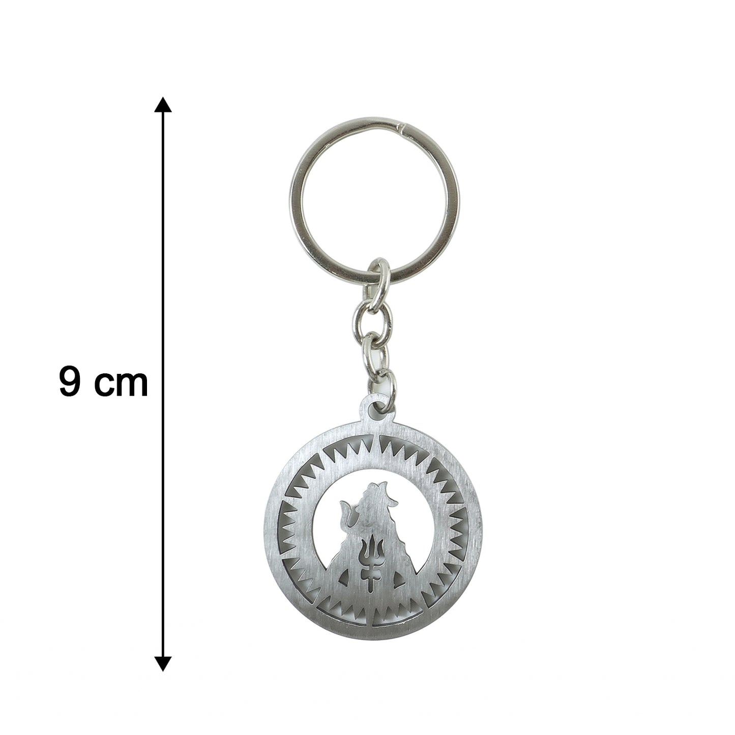 Metal round Mahakal keychain by Wukusy featuring intricate Mahakal design on shiny silver finish.