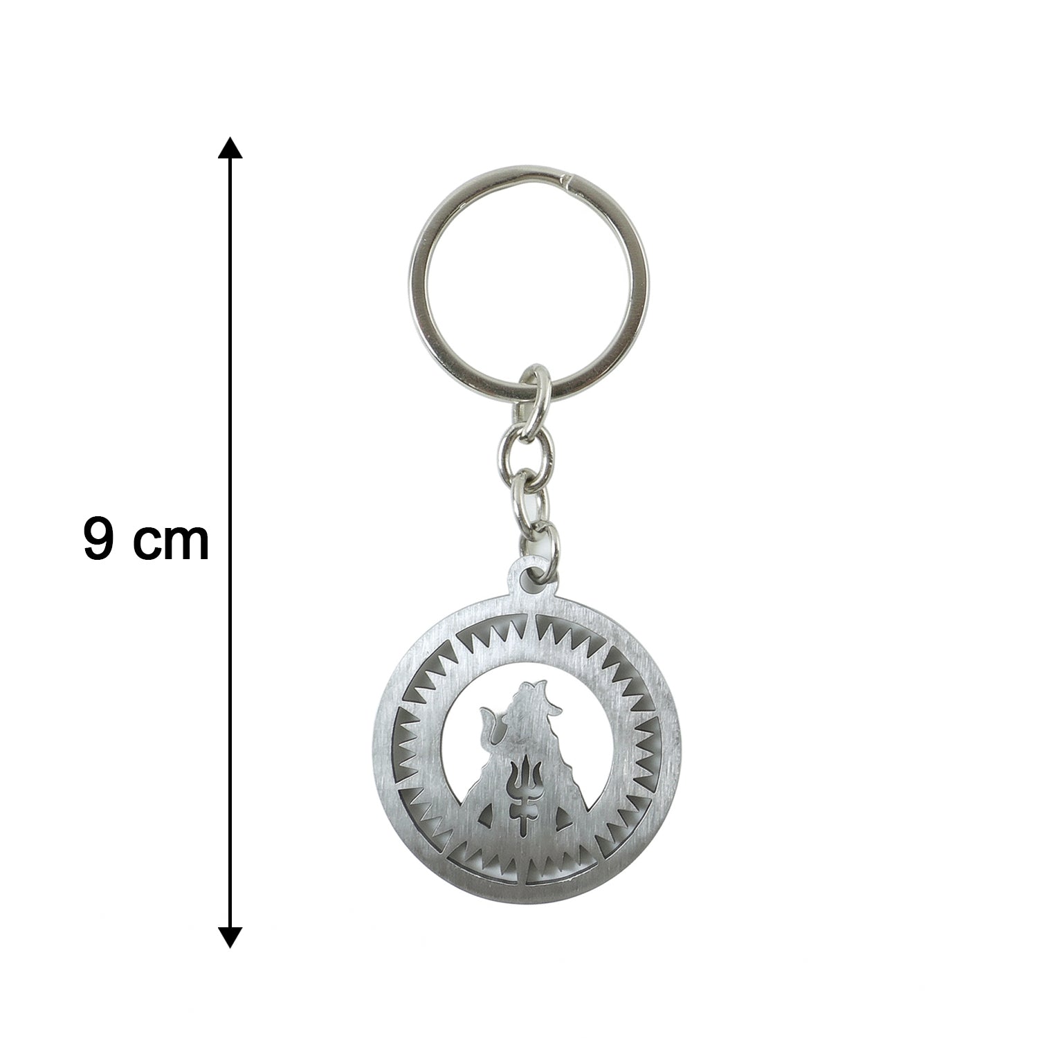 Metal round Mahakal keychain by Wukusy featuring intricate Mahakal design on shiny silver finish.