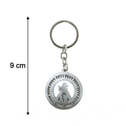 Metal round Mahakal keychain by Wukusy featuring intricate Mahakal design on shiny silver finish.