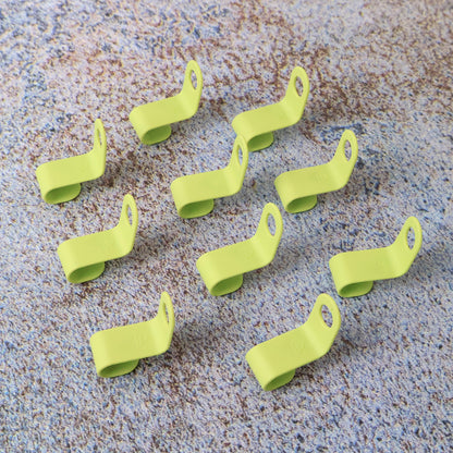 Set of 10 Wukusy plastic hanger hooks for versatile home improvement and organization, shown hanging on a closet rod.