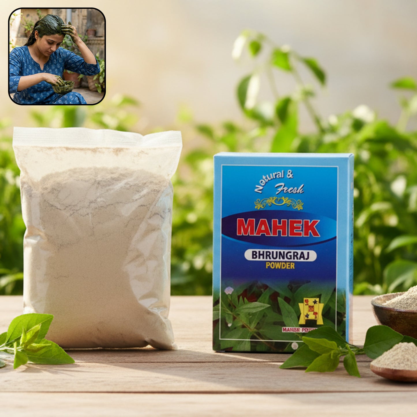 Wukusy Natural Bhringraj Powder for traditional hair care, 80g, showing the green powder in a glass jar with a wooden spoon.